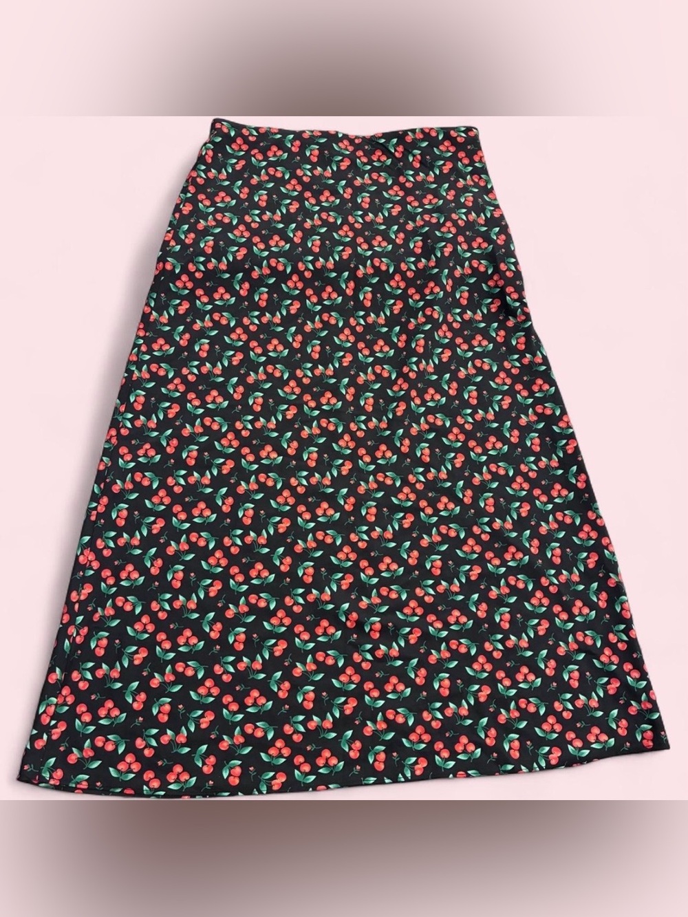 Forever 21 Women’s Black Cherry Print Maxi Long Skirt Retro Pinup NWOT Sz L